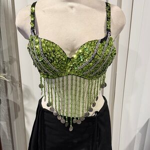 Green Sequin Coin Fringe Bra Top